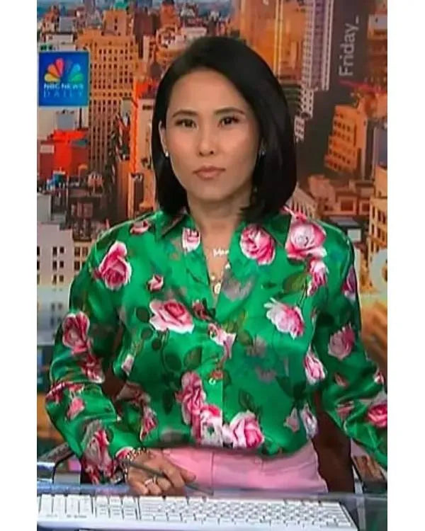NBC News Vicky Nguyen Green Rose Print Blouse