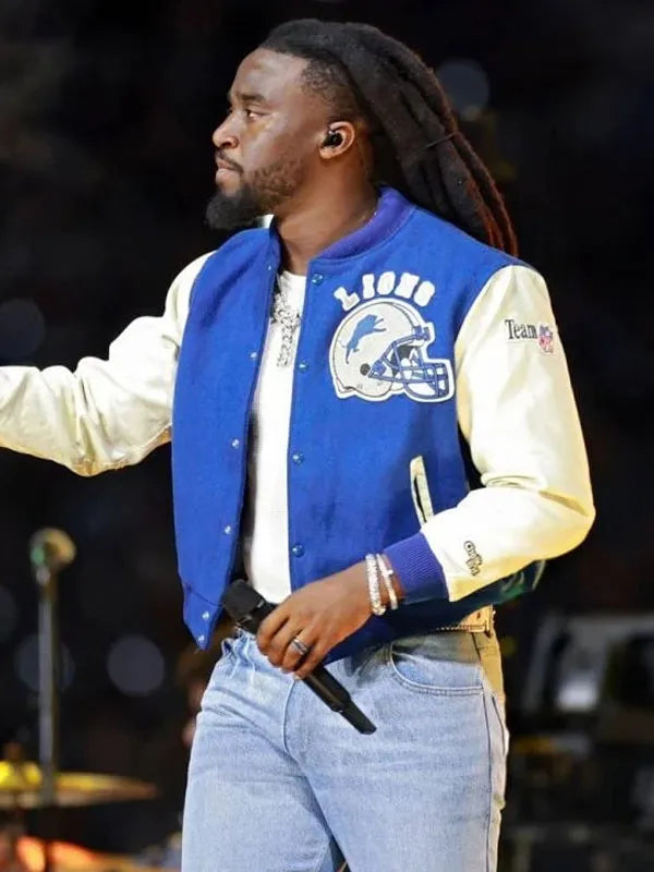 Shaboozey Detroit Lions Blue and White Bomber Jacket for Fans