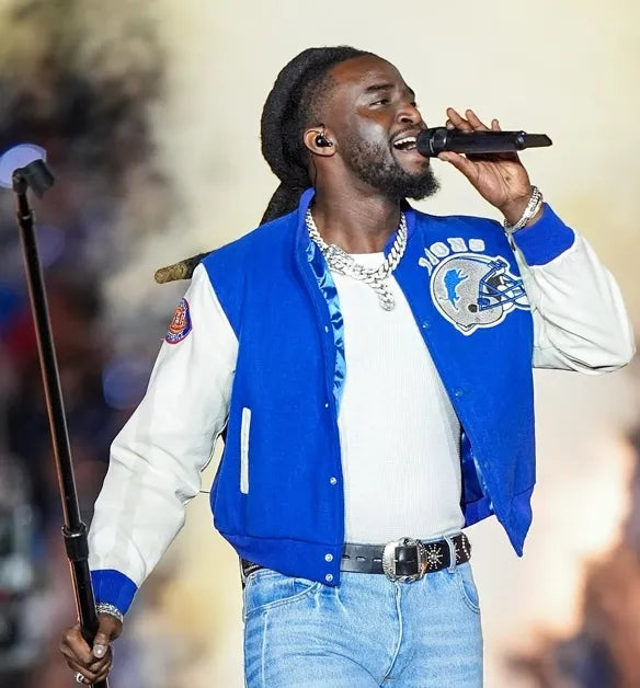 Shaboozey Detroit Lions Blue and White Bomber Jacket for Fans