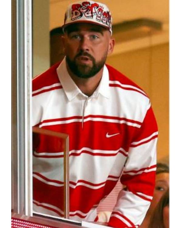 Travis Kelce Red Striped Rugby Shirt USA Jackets