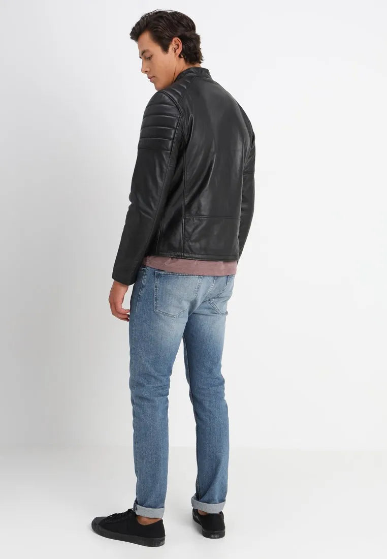 Vieno Mens Cafe Racer Leather Jacket