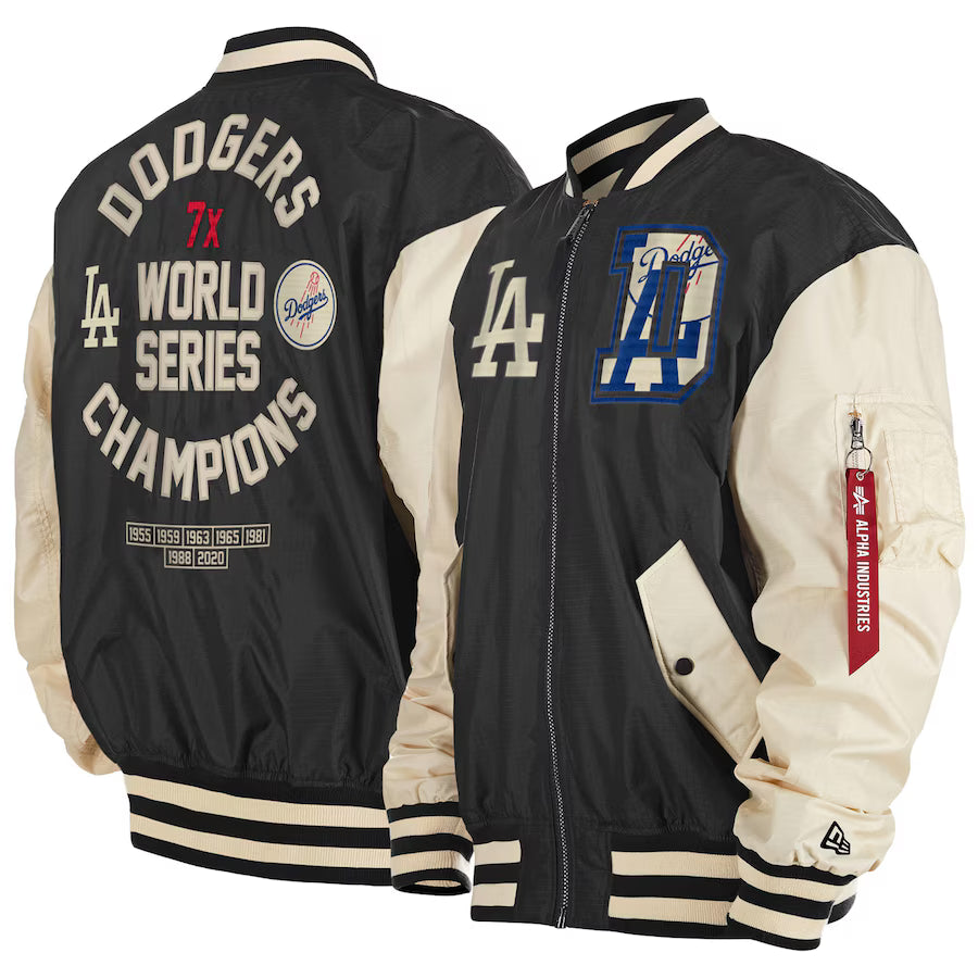 Men's Los Angeles Dodgers New Era x Alpha Industries Black Seven-Time World Series Champions Team Reversible Full-Zip Bomber Jacket