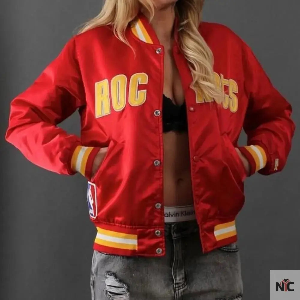 90s Houston Rockets Red Satin Jacket. Clanton Jacket