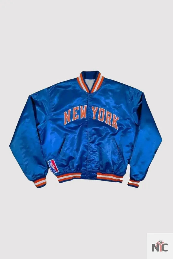 90s New York Knicks Blue Satin Bomber Jacket Clanton Jacket