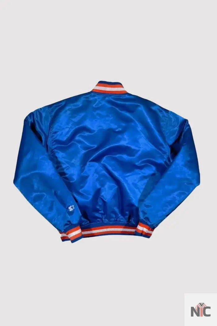 90s New York Knicks Blue Satin Bomber Jacket Clanton Jacket