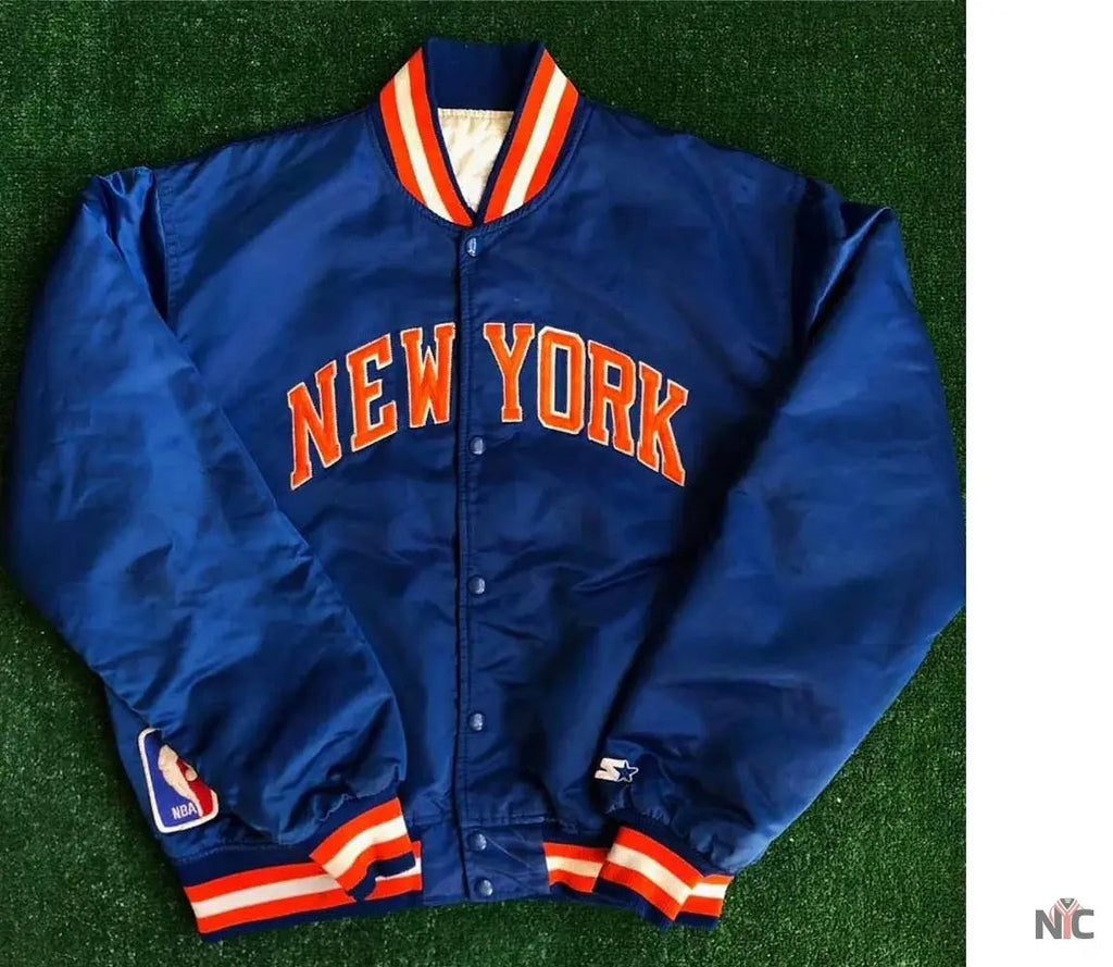 90s New York Knicks Bomber Blue Satin Jacket Clanton Jacket