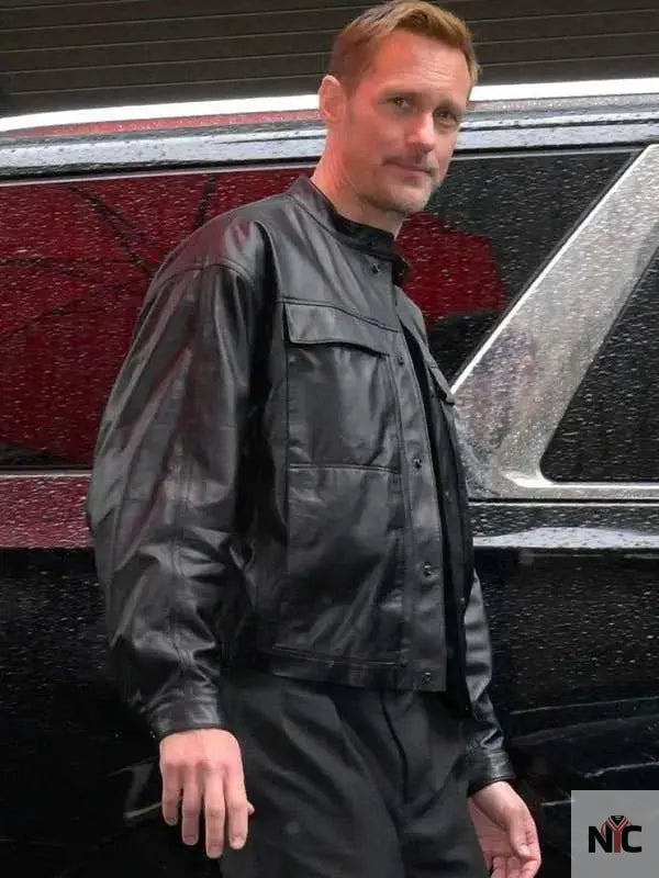 Alexander Skarsgård Murderbot Black Leather Jacket Clanton Jacket