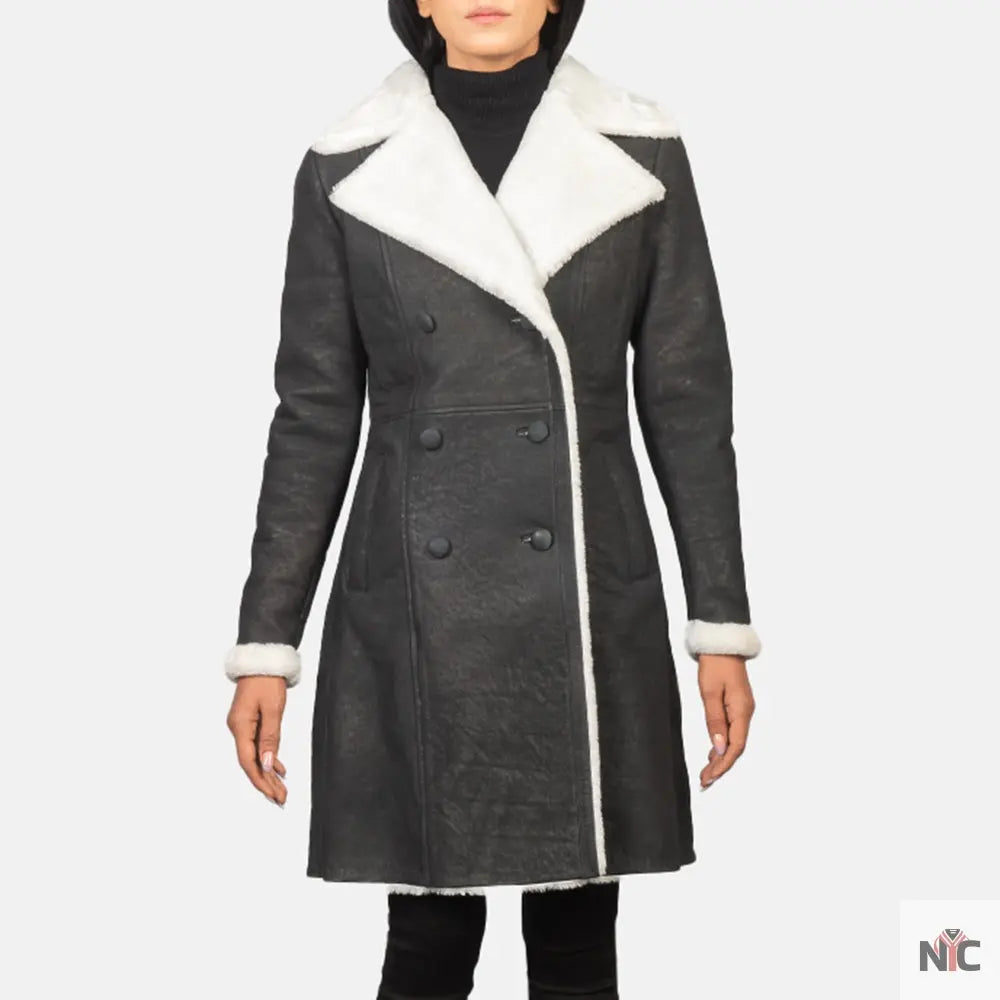 Amie Black Double Breasted Shearling Coat Clanton Jacket