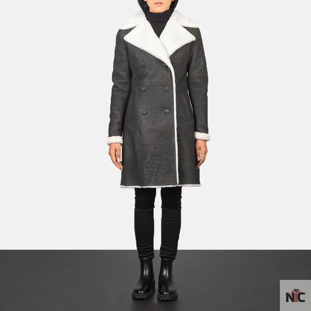 Amie Black Double Breasted Shearling Coat Clanton Jacket