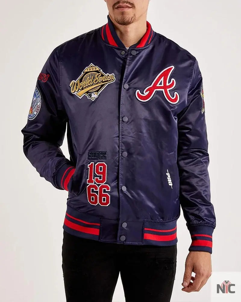 Atlanta Braves World Series Navy Varsity Satin Jacket Clanton Jacket