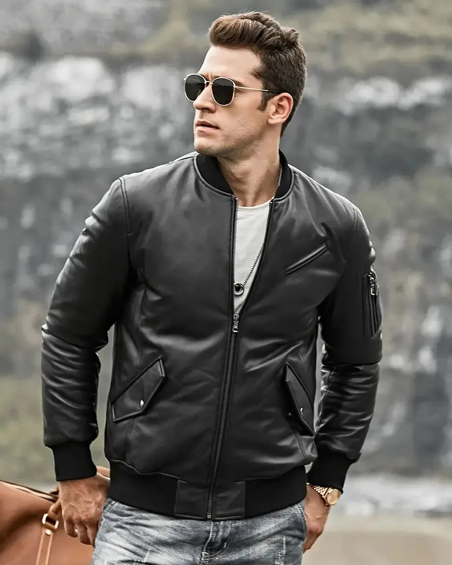 Austin Men’s Black Bomber Real Lambskin Flavor Leather Jacket