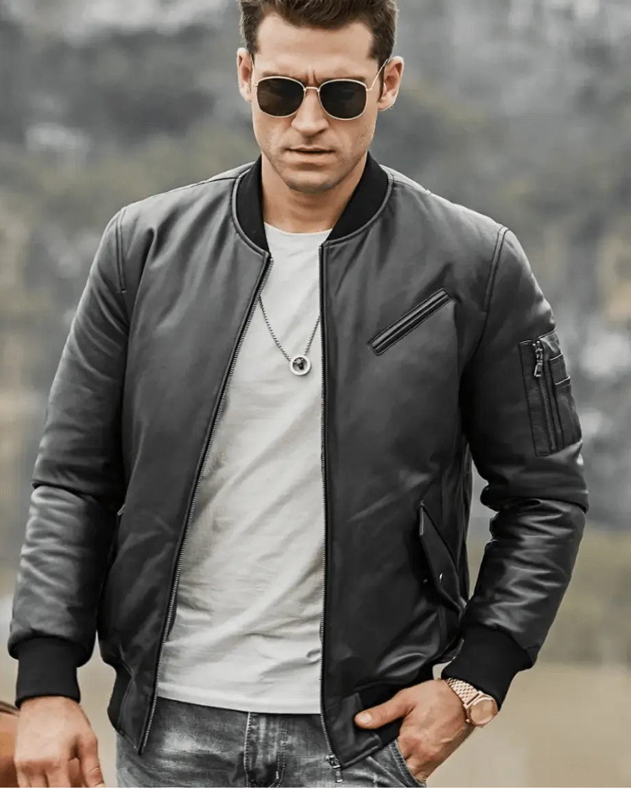 Austin Men’s Black Bomber Real Lambskin Flavor Leather Jacket