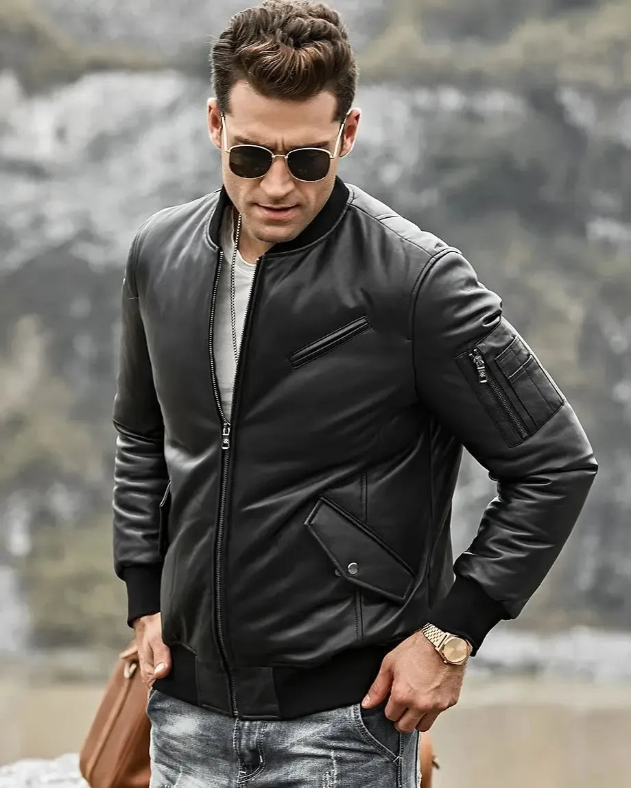 Austin Men’s Black Bomber Real Lambskin Flavor Leather Jacket