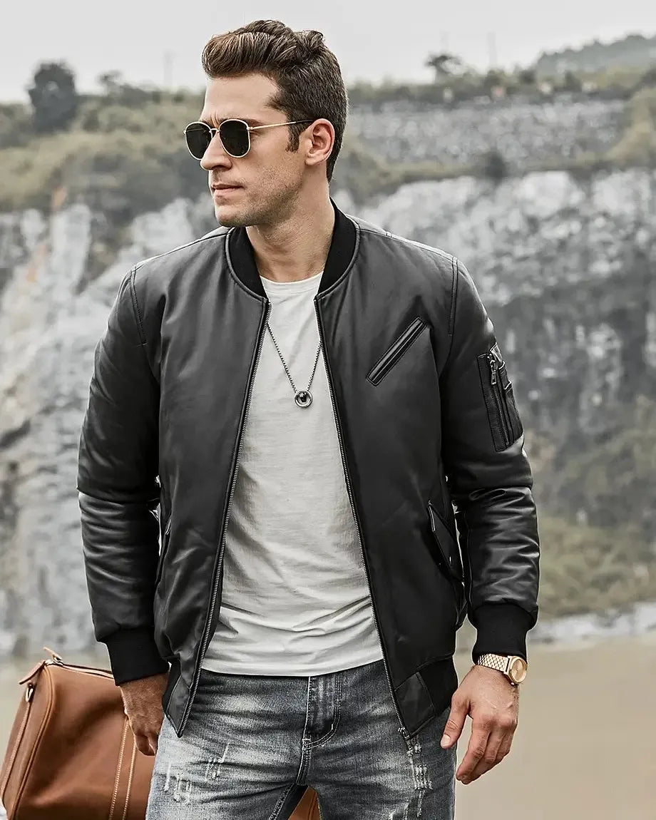 Austin Men’s Black Bomber Real Lambskin Flavor Leather Jacket