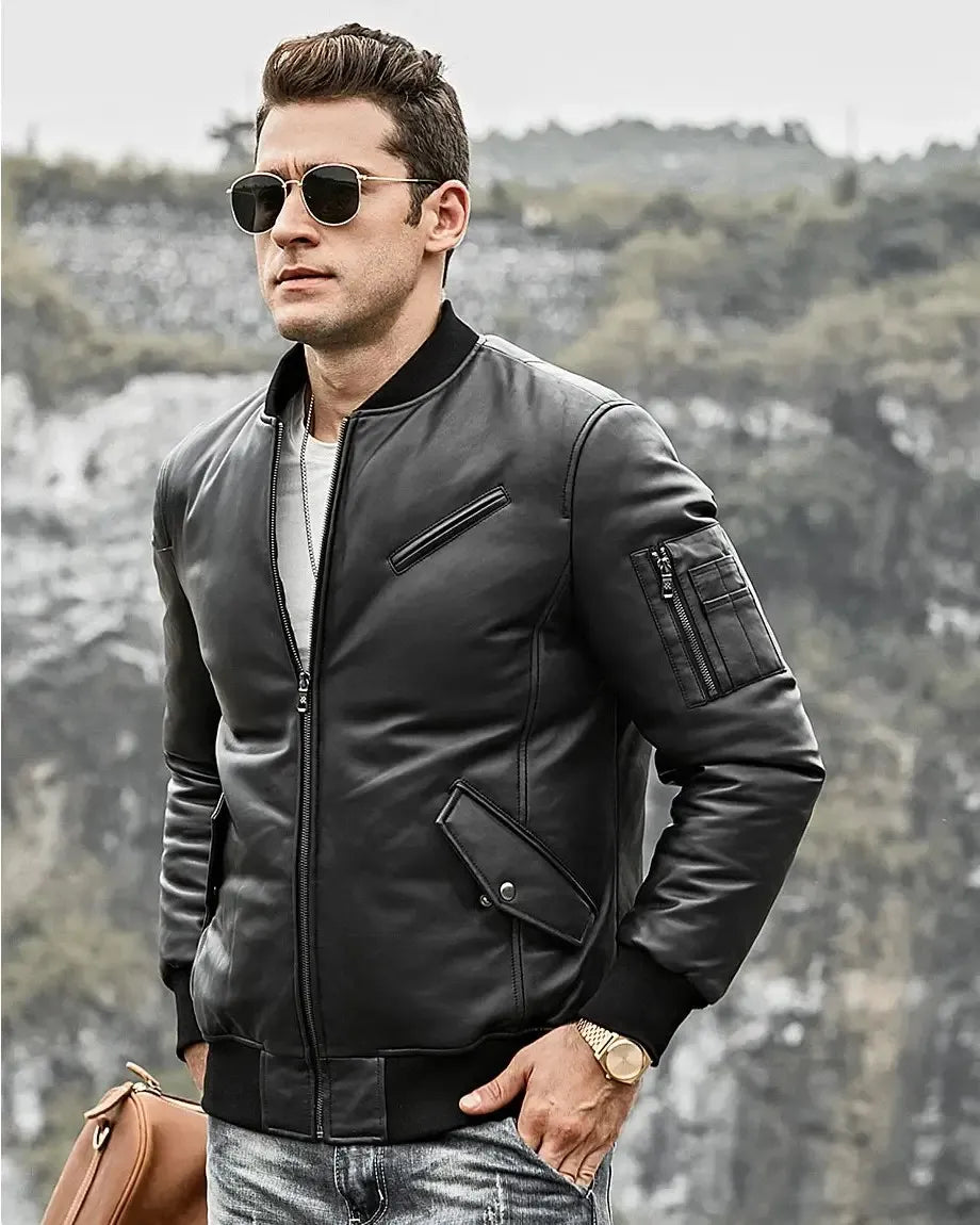 Austin Men’s Black Bomber Real Lambskin Flavor Leather Jacket