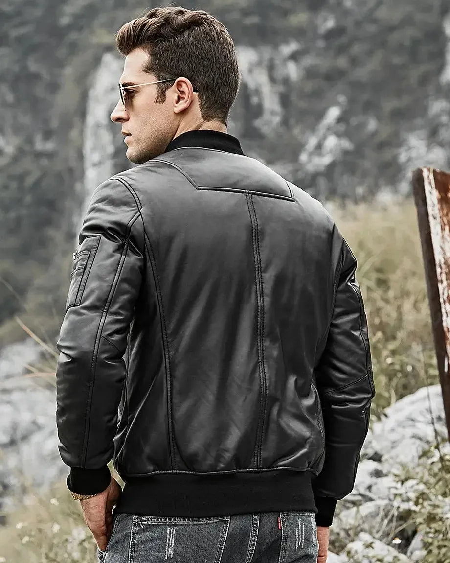 Austin Men’s Black Bomber Real Lambskin Flavor Leather Jacket