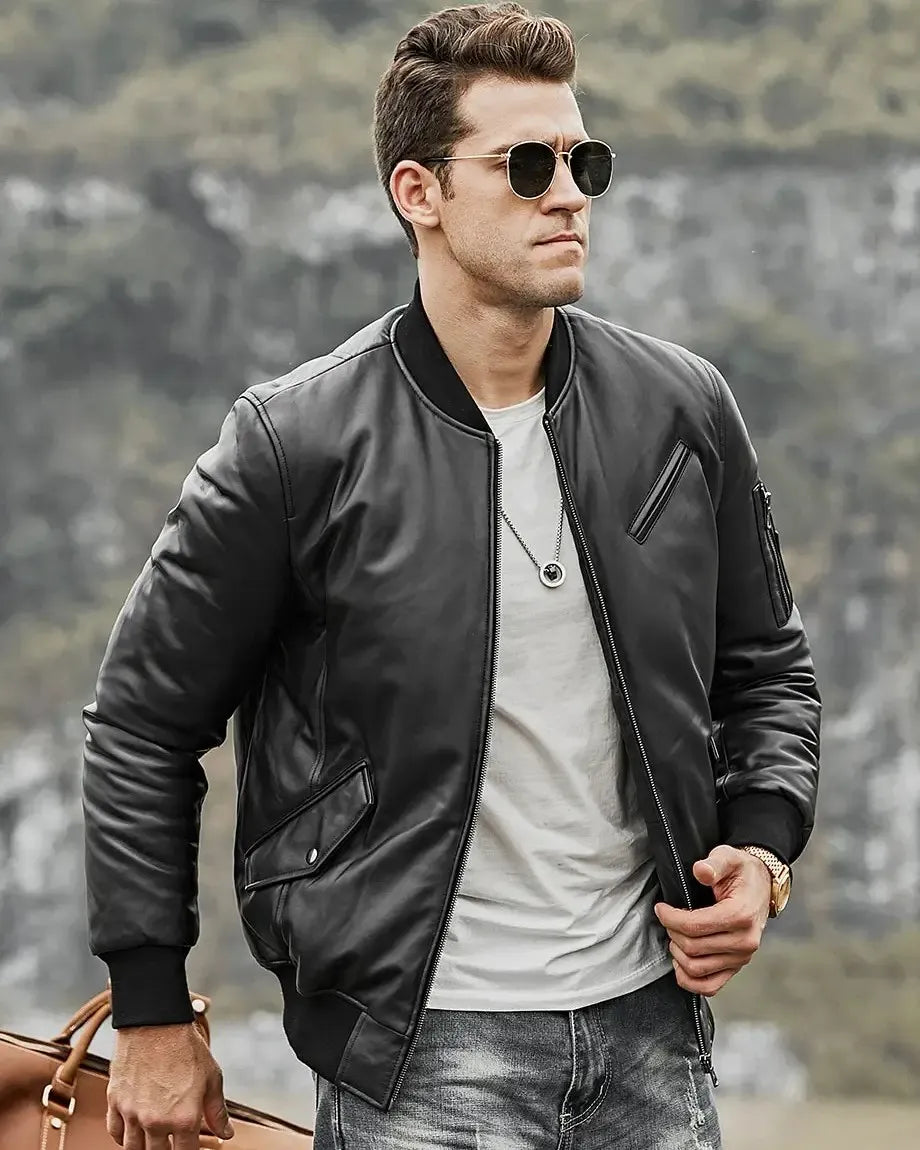 Austin Men’s Black Bomber Real Lambskin Flavor Leather Jacket