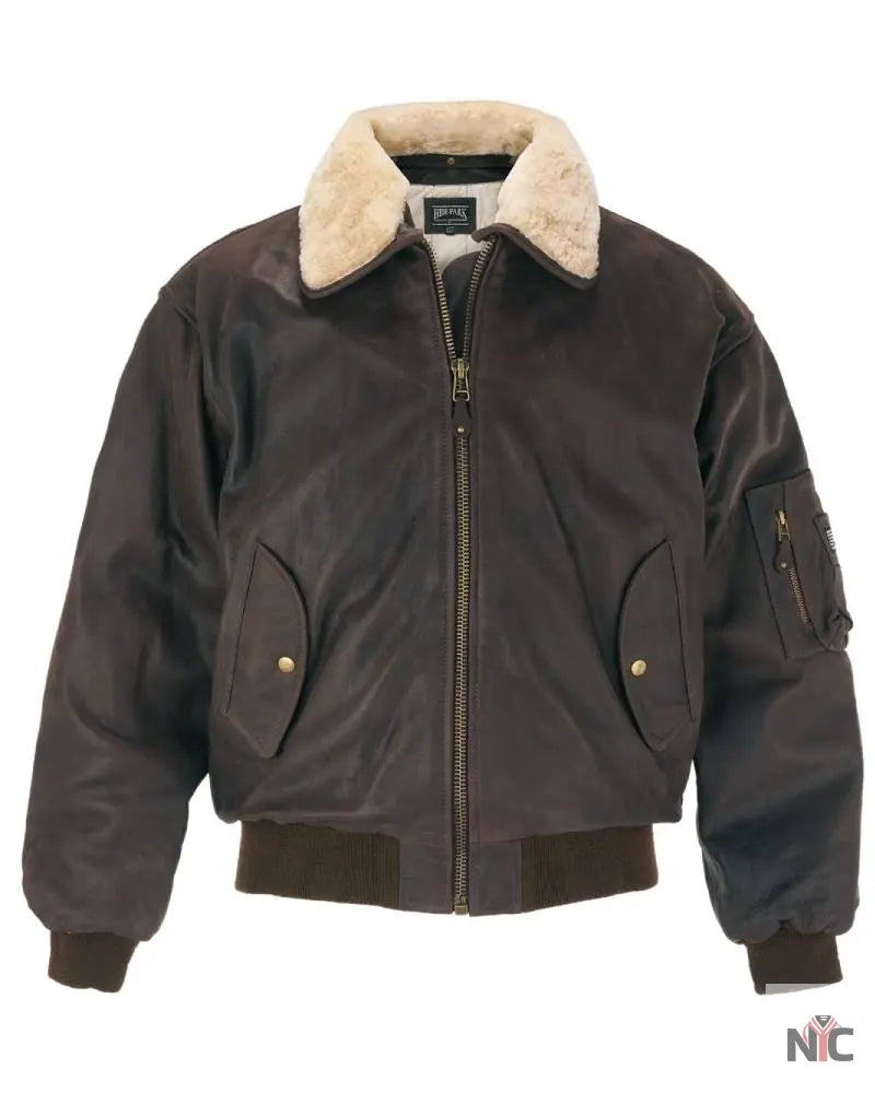 B-2 Men’s Brown Leather Bomber Jacket With White Collar Clanton Jacket