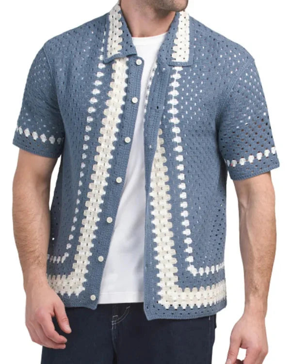 Bachelor In Paradise S10 Spencer Conley Blue Crochet Knit Shirt USA Jackets