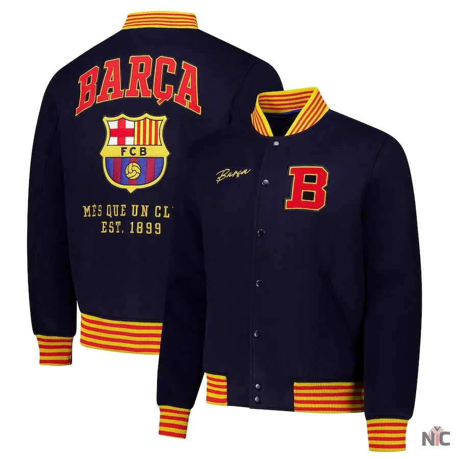 Barcelona Supporter's Full-Snap Varsity Jacket - Navy Clanton Jacket