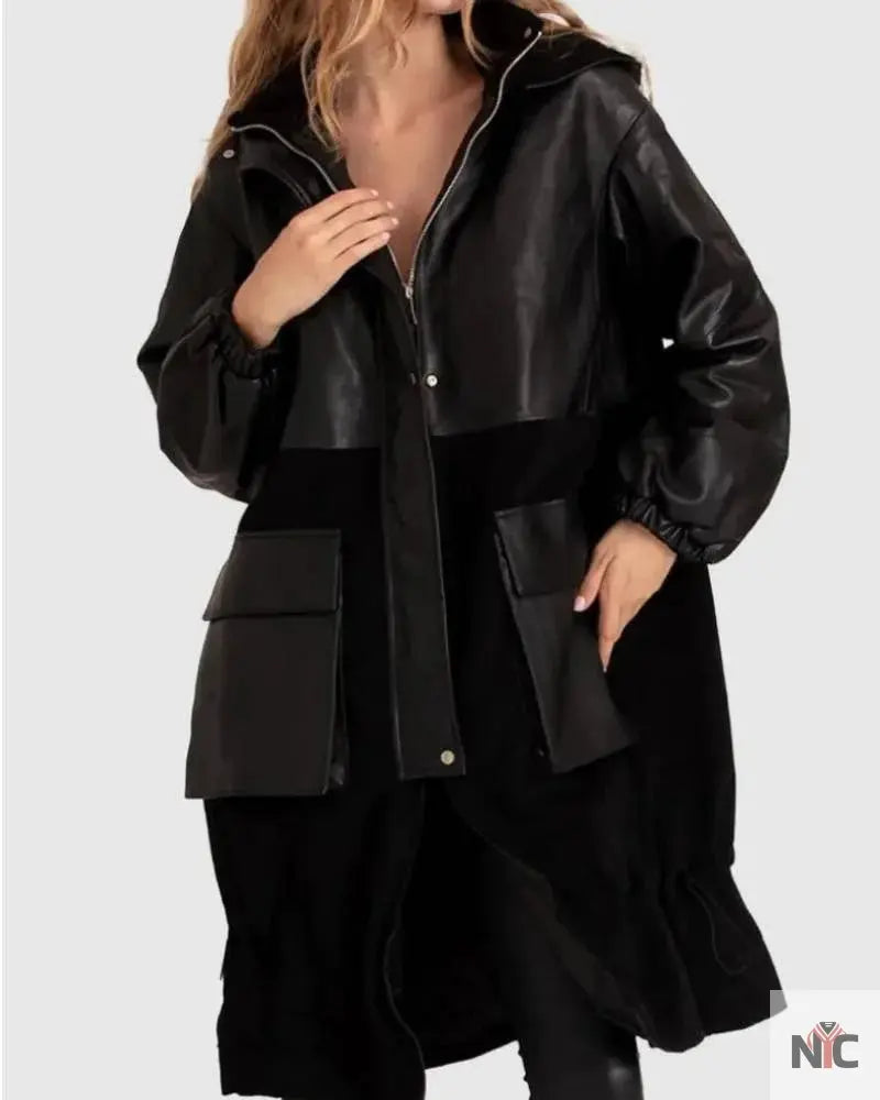 Belle & Bloom Back To Black Oversized Black Leather Panelled Coat Clanton Jacket
