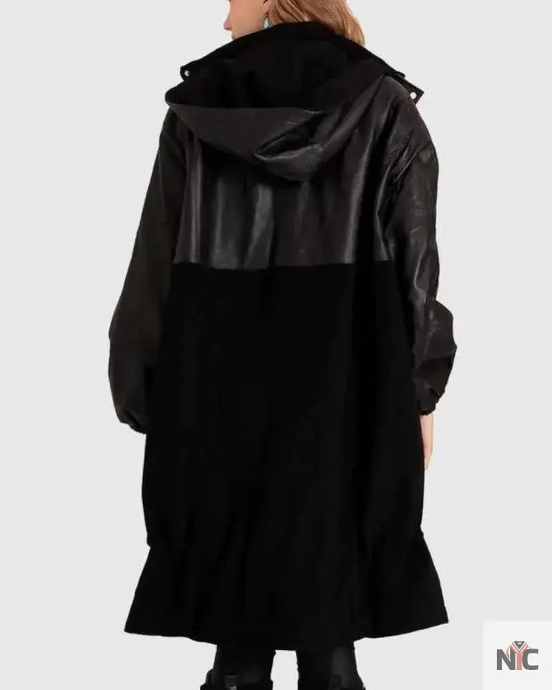 Belle & Bloom Back To Black Oversized Black Leather Panelled Coat Clanton Jacket