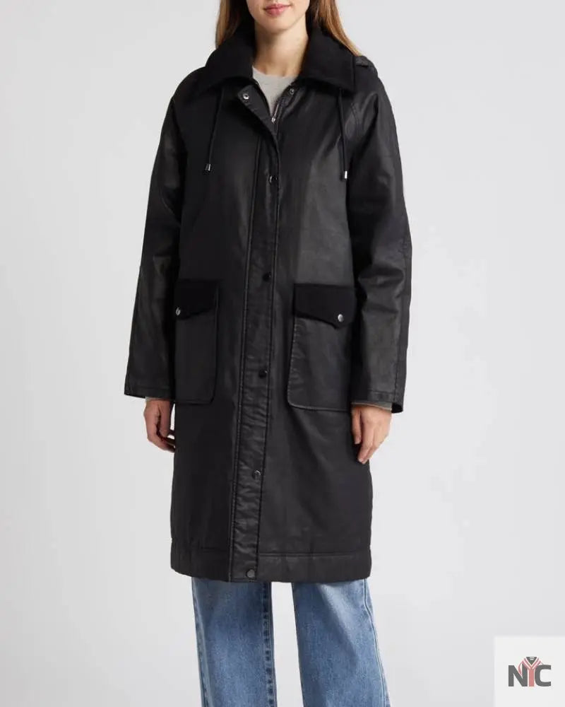 Bernardo Black Waxed Cotton Twill Coat Clanton Jacket