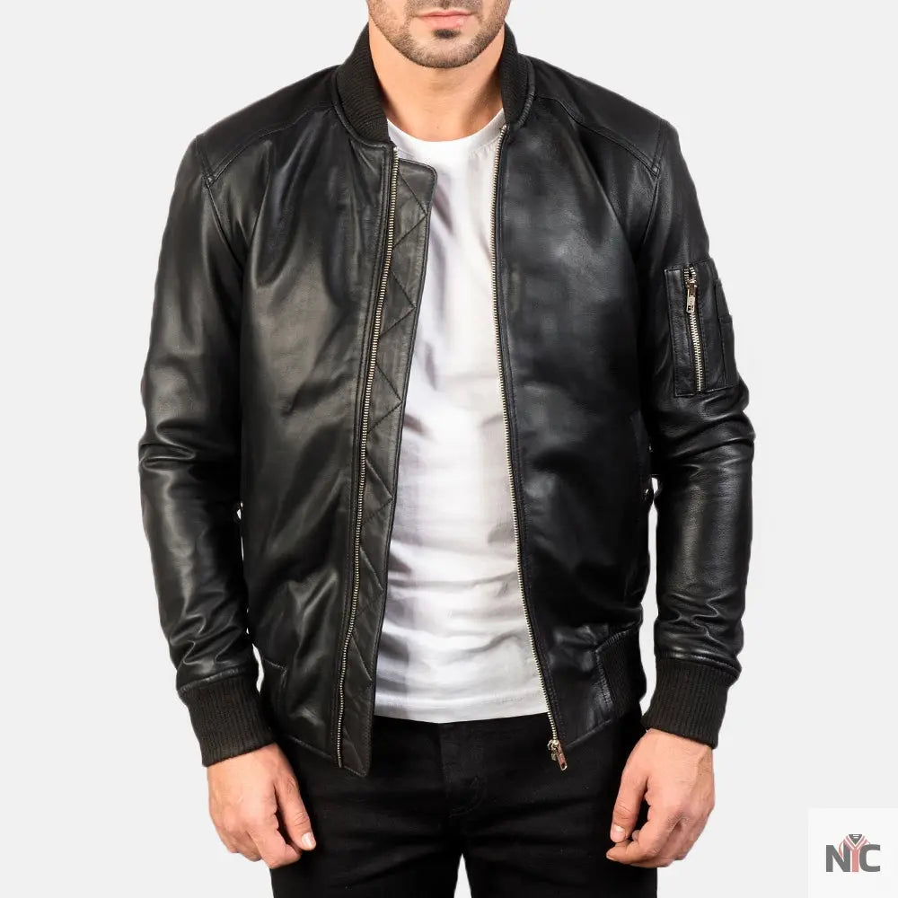 Bomia Ma-1 Black Leather Bomber Jacket Clanton Jacket