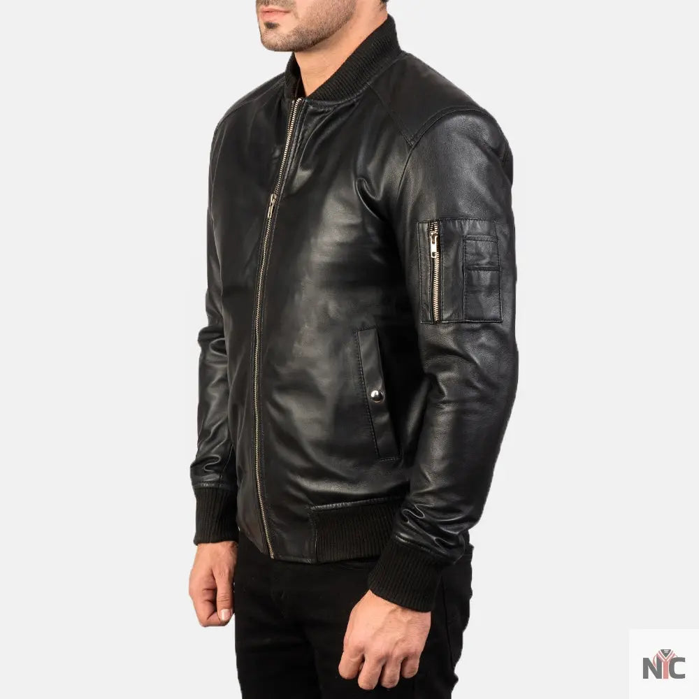 Bomia Ma-1 Black Leather Bomber Jacket Clanton Jacket