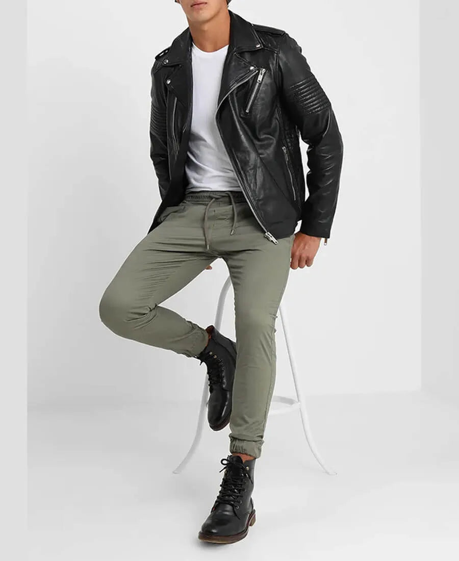 Bryon Shearling Black Asymmetrical Belted Biker Leather Jacket