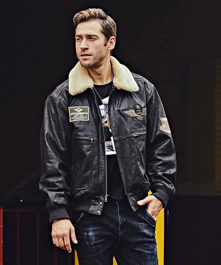 Denver Men’s Black Flavor Bomber Leather Jacket Aviator with Removable Collar