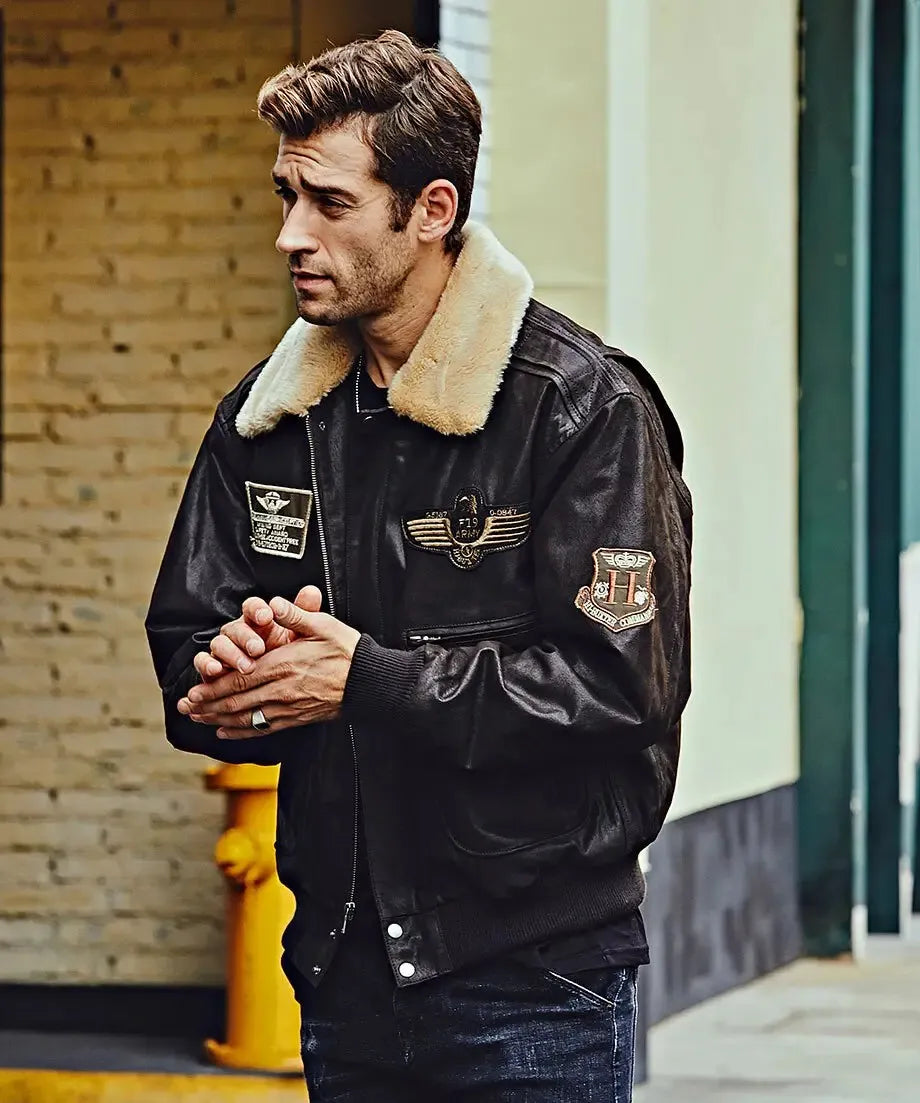 Denver Men’s Black Flavor Bomber Leather Jacket Aviator with Removable Collar