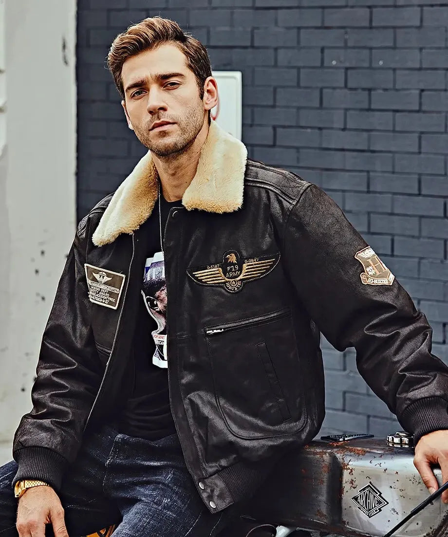 Denver Men’s Black Flavor Bomber Leather Jacket Aviator with Removable Collar