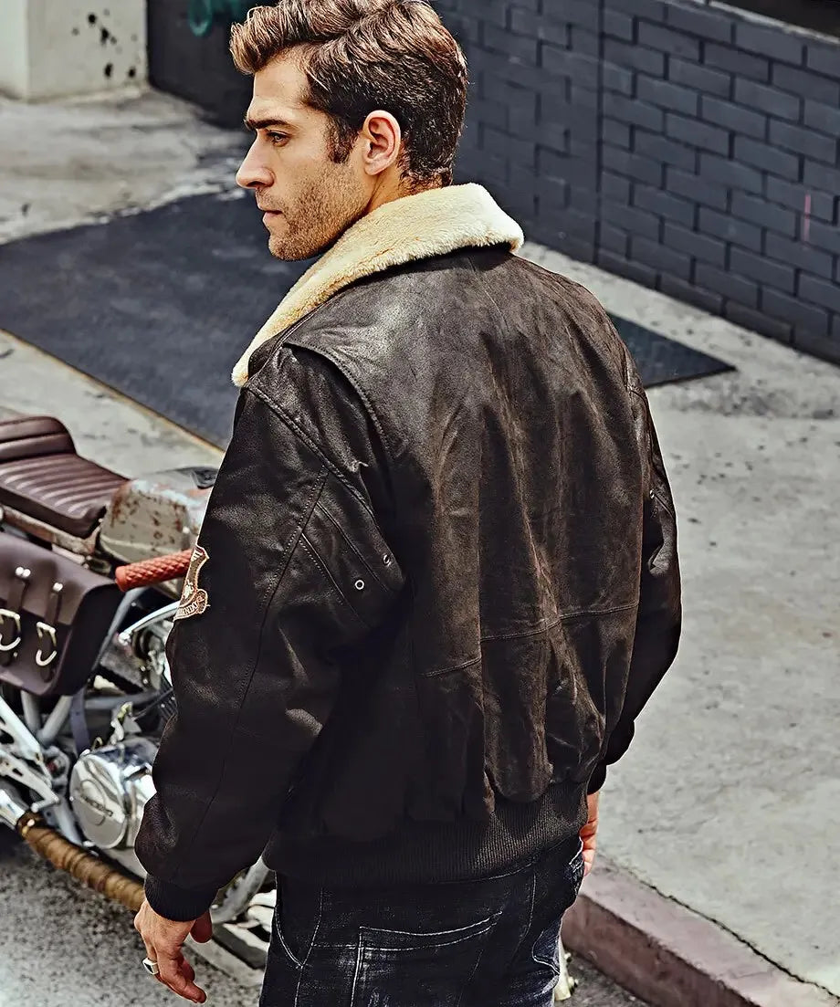 Denver Men’s Black Flavor Bomber Leather Jacket Aviator with Removable Collar
