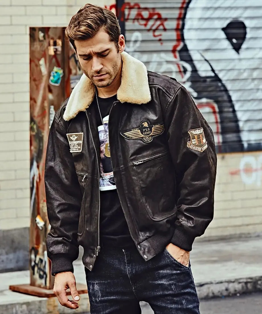 Denver Men’s Black Flavor Bomber Leather Jacket Aviator with Removable Collar