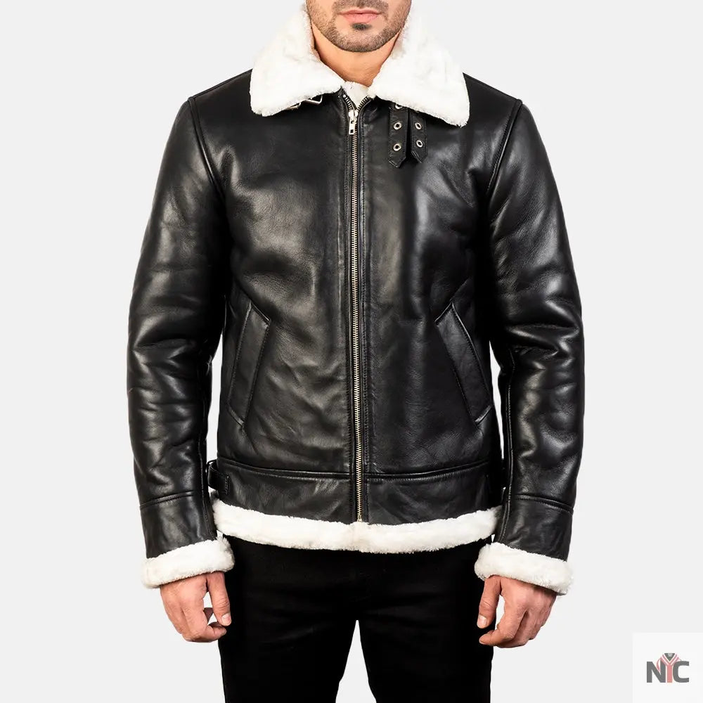 Francis B-3 Black & White Leather Bomber Jacket Clanton Jacket