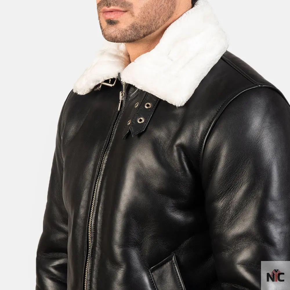 Francis B-3 Black & White Leather Bomber Jacket Clanton Jacket
