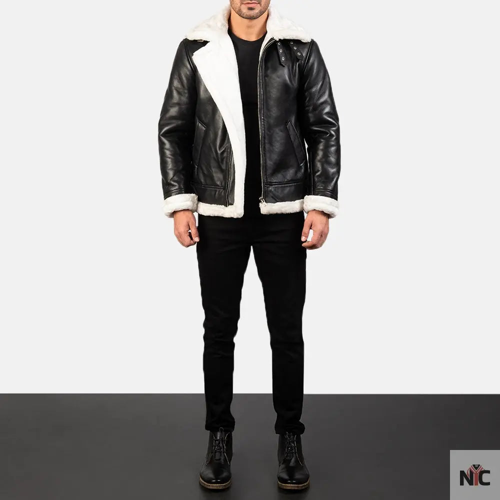 Francis B-3 Black & White Leather Bomber Jacket Clanton Jacket