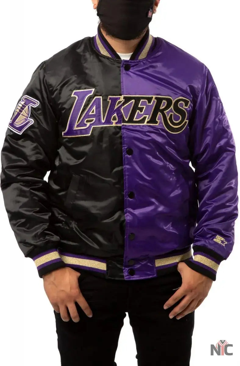 LA Lakers Black and Purple Satin Bomber Jacket Clanton Jacket