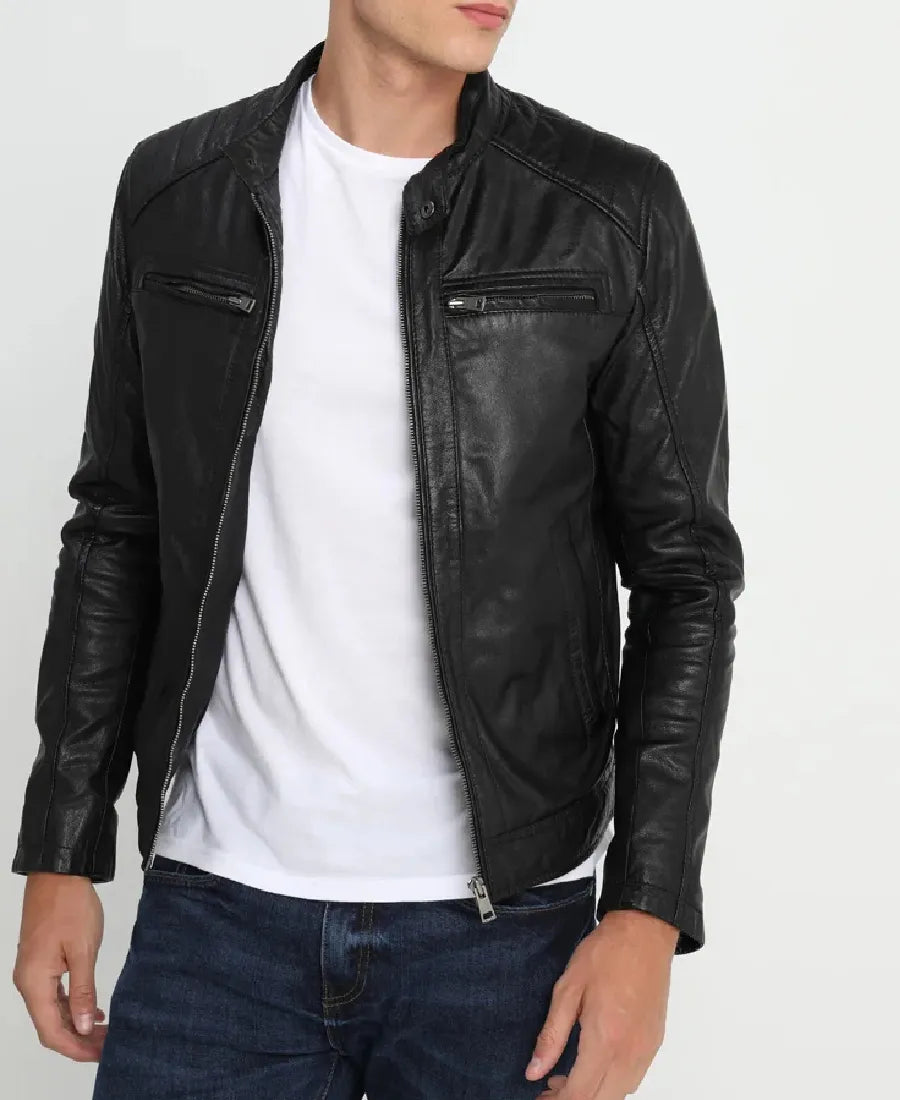 Leo Hooded Cafe Racer Black Leather Jacket