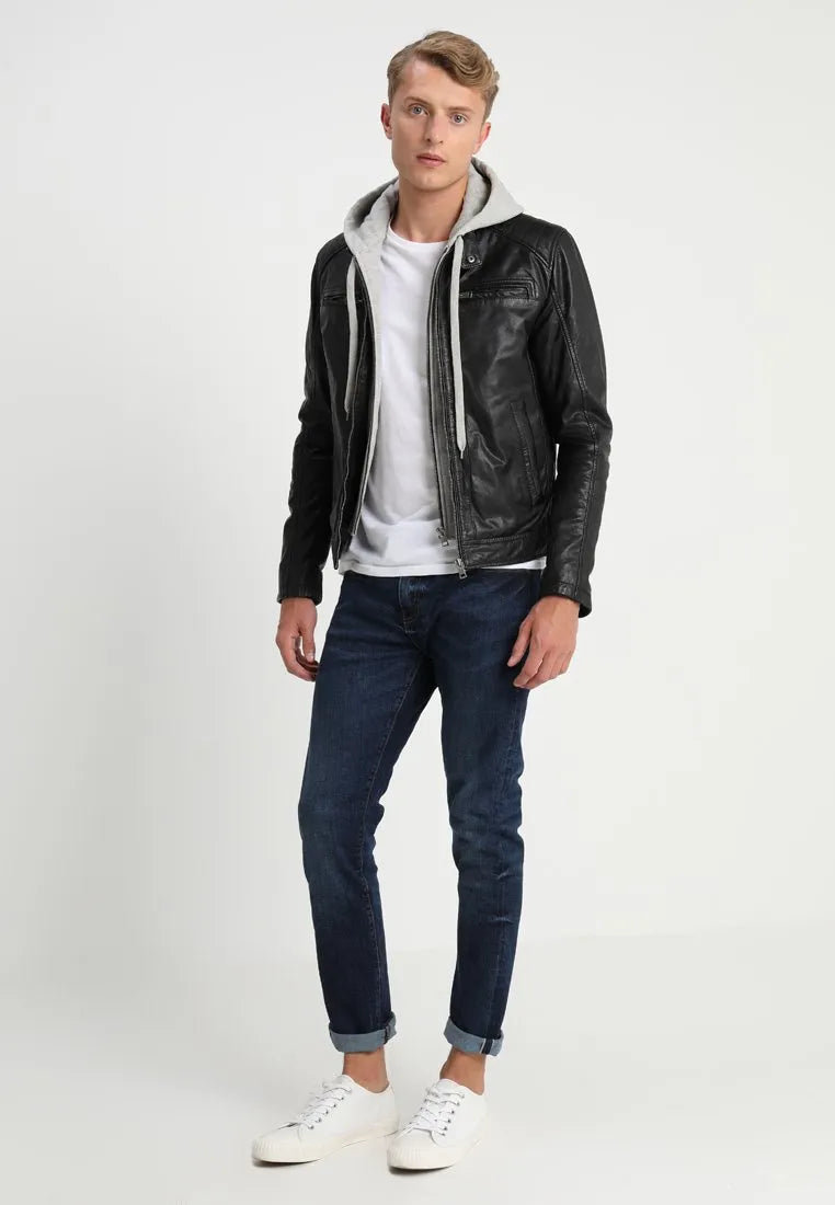 Leo Hooded Cafe Racer Black Leather Jacket