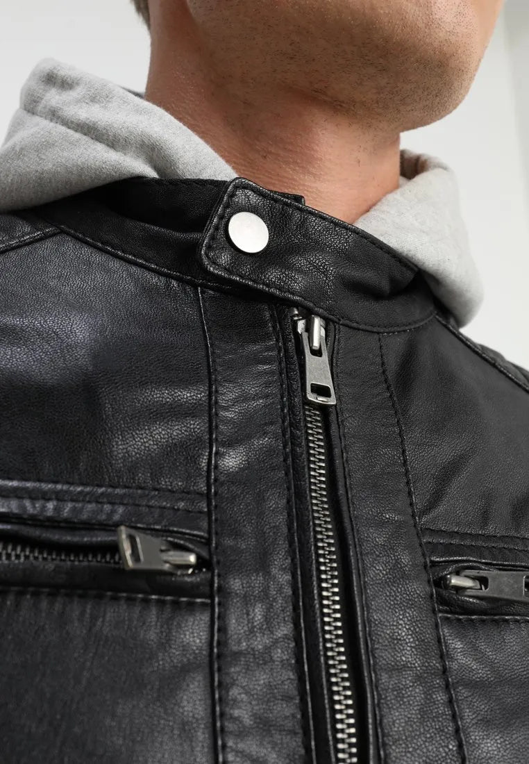 Leo Hooded Cafe Racer Black Leather Jacket
