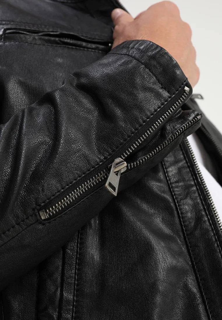 Leo Hooded Cafe Racer Black Leather Jacket
