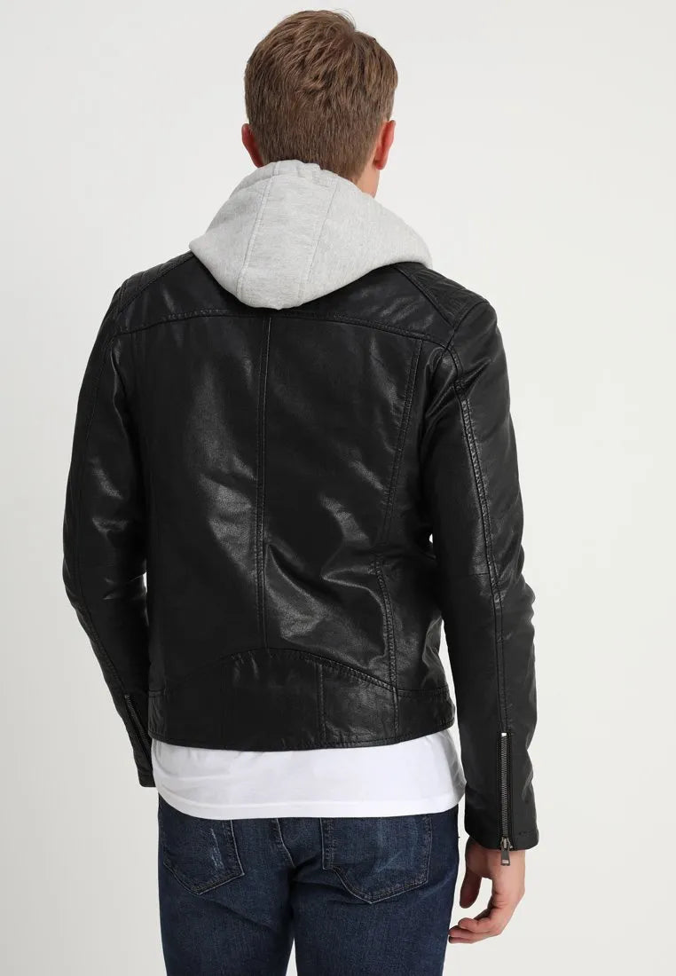 Leo Hooded Cafe Racer Black Leather Jacket