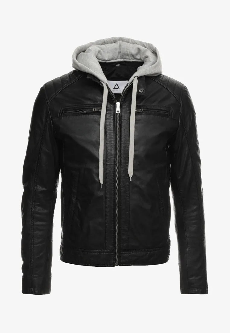Leo Hooded Cafe Racer Black Leather Jacket