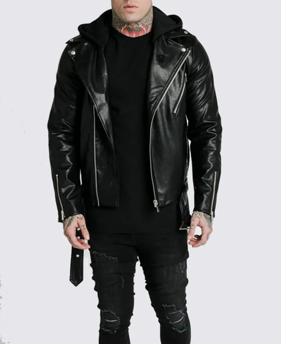 Leon Black Shearling Asymmetrical Hooded Biker Leather Jacket