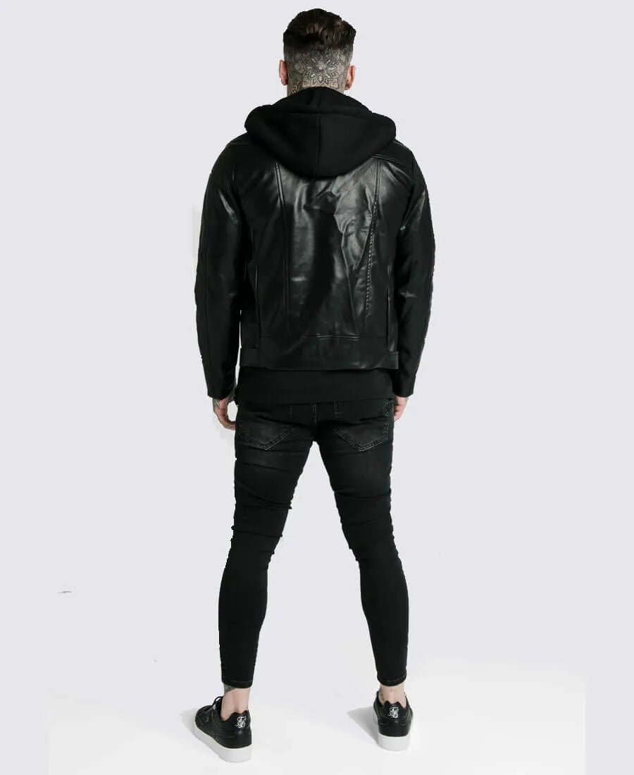 Leon Black Shearling Asymmetrical Hooded Biker Leather Jacket