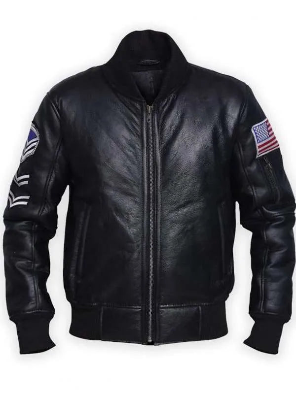 Men Sheepskin American Flag Bomber Black Leather Jacket