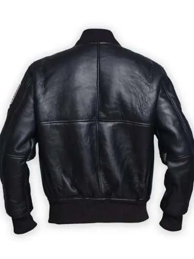 Men Sheepskin American Flag Bomber Black Leather Jacket