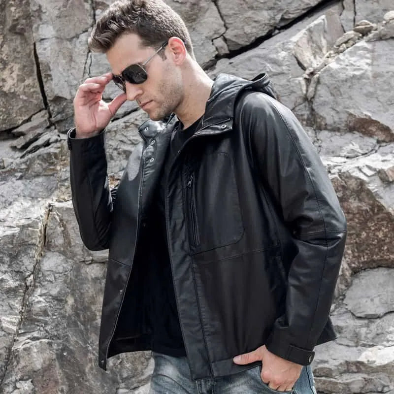 Men’s Black Cowhide Flavor Leather Jacket with Hood
